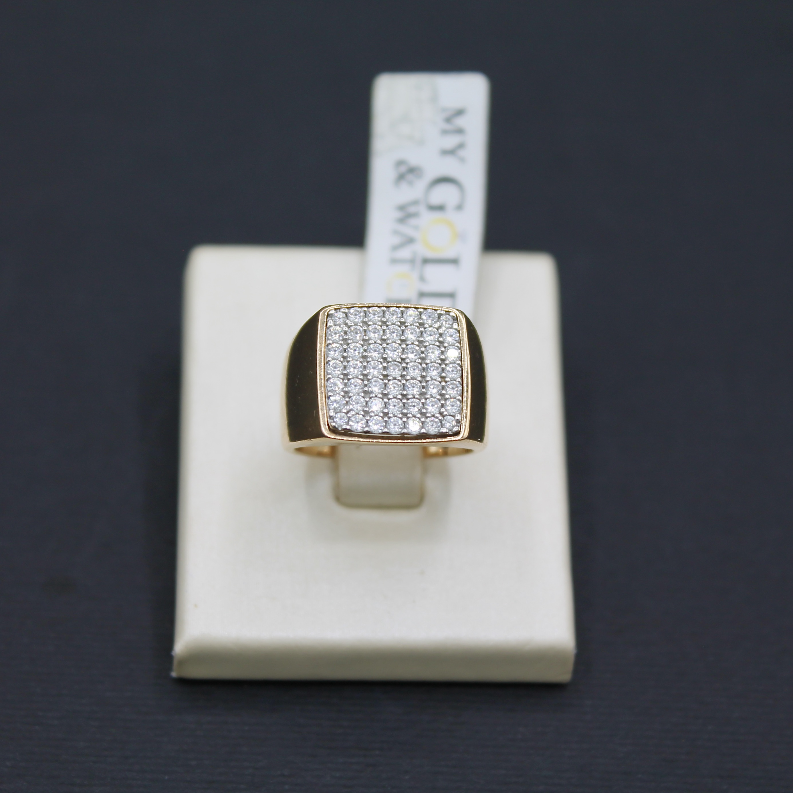 Anello quadrato a fascia oro giallo 18k con zirconi