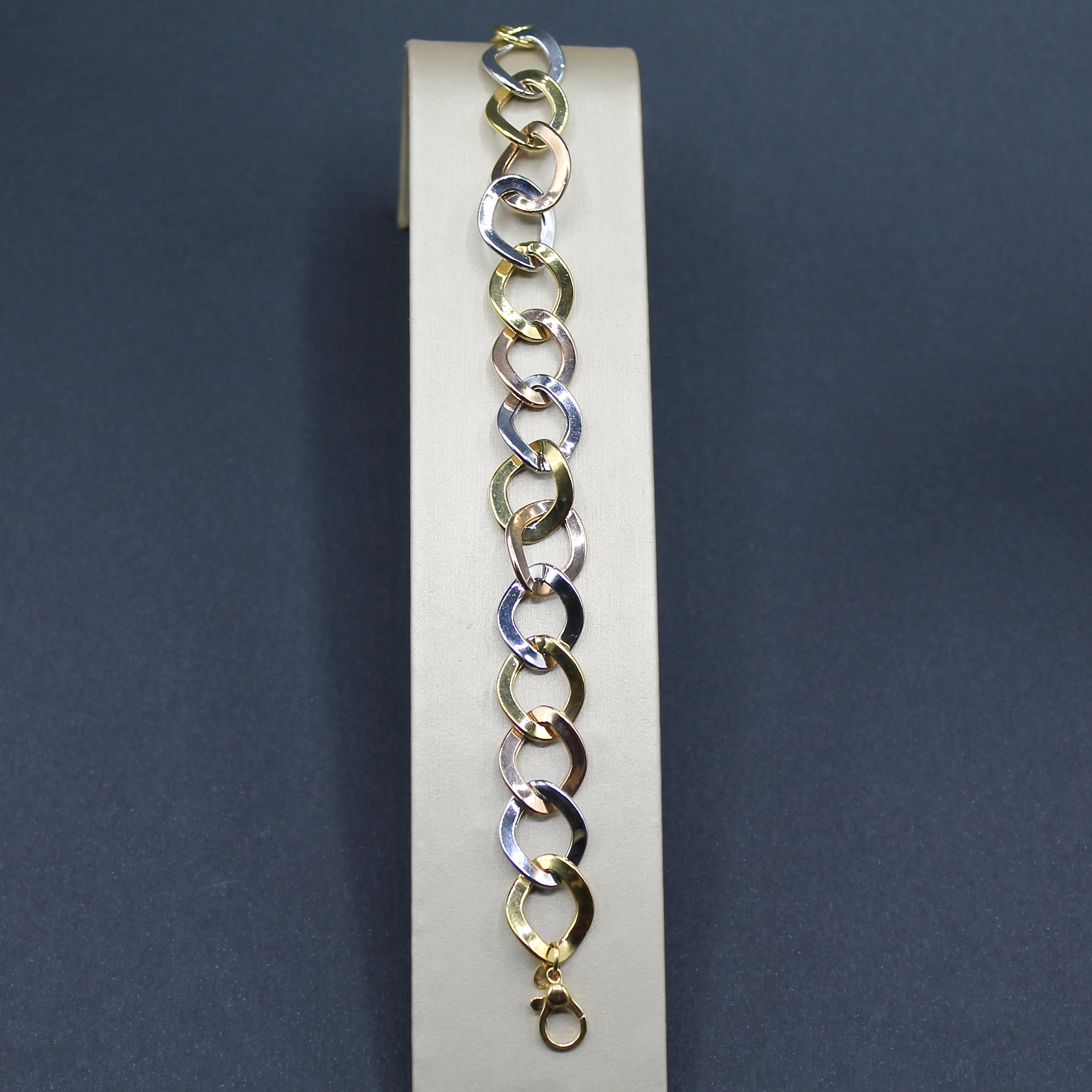 bracciale catena a maglie intrecciate in oro giallo bianco e rosa 18k